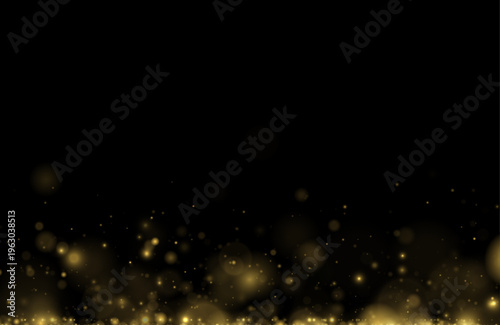 Golden dust drifts in night darkness, sparkle, shimmer, glitter soft bokeh. Twinkle particle, stardust highlights flare. Magical festive sparks with glare, lens flare illuminate, vector illustration.