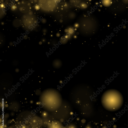Yellow glitter dust sparkles, glowing light on dark background with shimmer, twinkle. Twinkle particles, stardust highlights flare sparks, lens flare, glare, magical festive glow, vector illustration.