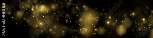 Golden dust light on black background, sparkle, shimmer, glitter bokeh. Twinkle particles, stardust highlights flare. Sparks, lens flare, glare, magical festive light enhance the vector illustration.