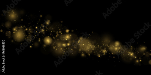 Golden dust glows in night light over dark background, sparkle, glitter, shimmer bokeh. Twinkle particle, stardust highlights flare. Festive magical sparks with glare, lens flare vector illustration. 