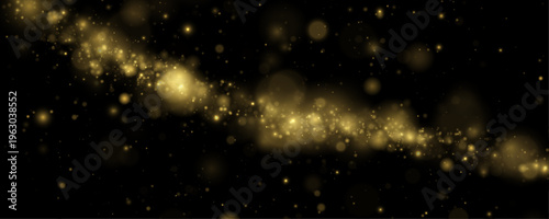 Yellow dust glimmers in night light over dark background, sparkle, shimmer, glitter bokeh. Twinkle particle, stardust highlights flare while sparks, glare, lens flare magical vector illustration.