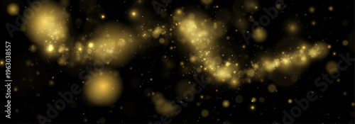 Golden glitter dust floats in night light, scattering sparkle, shimmer, twinkle bokeh. Sparks, stardust, highlights, flare, lens flare, glare, magical festive vector illustration on dark background. 