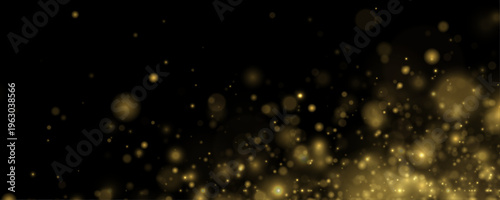 Golden dust glows in soft light on black background, sparkle, glitter across bokeh. Twinkle particles and stardust highlights flare. Festive sparks, glare, lens flare, magical vector illustration.