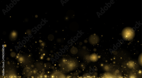 Yellow dust glimmers in glowing light with sparkle, shimmer, glitter bokeh. Twinkle particles, stardust highlights flare while sparks, lens flare, glare, magical festive glow, vector illustration.