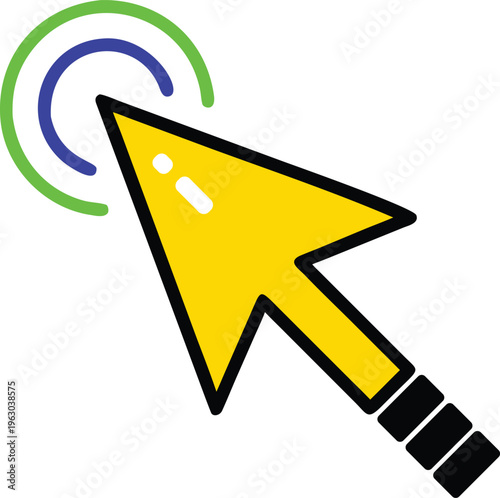 A bright yellow computer mouse pointer icon with colorful circular waves indicating a recent clicking action