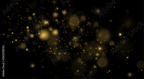 Yellow dust glimmers in glowing light with sparkle, shimmer, glitter bokeh. Twinkle particles, stardust highlights flare while sparks, lens flare, glare, magical festive glow, vector illustration.