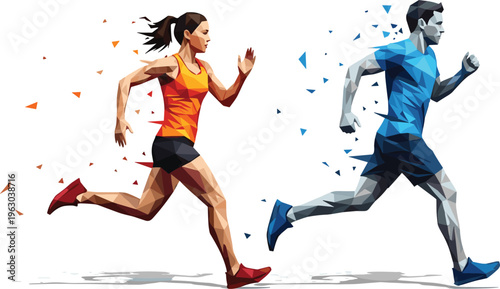 Running athlete polygonal illustrations, geometric sports artwork, dynamic motion design collection, colorful figure set, stylized fitness profiles