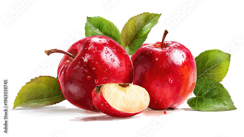 Red apple whole pieces set isolated on white background