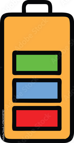 A stylized vertical battery icon containing three stacked rectangular status bars in bright green blue and red