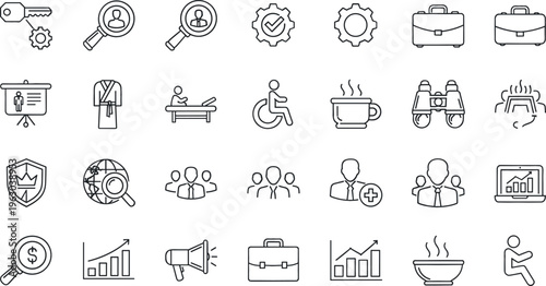 Business and office line icon set featuring management, analytics, recruitment, security, presentation and corporate workflow symbols vector illustration