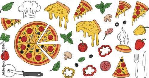Colorful Hand-Drawn Pizza Slices, Toppings, Vegetables, and Culinary Tools for Food, Italian, and Pizza Illustrations