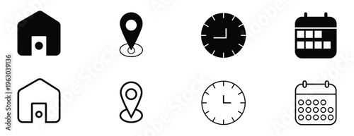 Interface icon set. Phone receiver, home, location pin, clock and calendar elements form a clean contact .web and contact icon set . vector illustration .