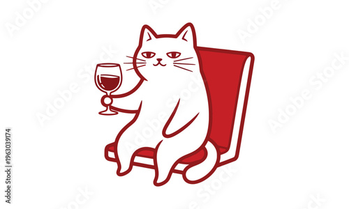 Cat sitting on a chair holding wine glass, grumpy doodle illustration, Hand Drawn