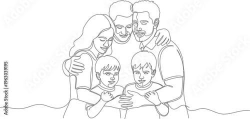 Single continuous line drawing capturing a joyous family moment with two loving parents embracing their two young children together.