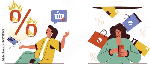 Two women reacting differently to online shopping discounts and deals on their phones amidst promotional symbols