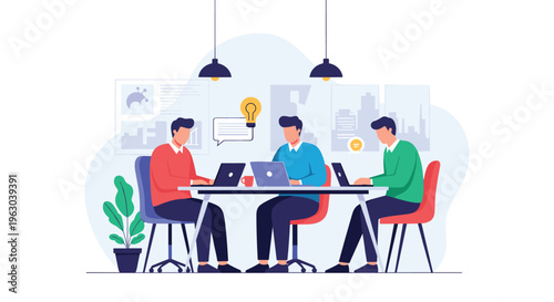 Team of creative professionals working together on laptops at a shared desk while brainstorming new innovative business ideas.