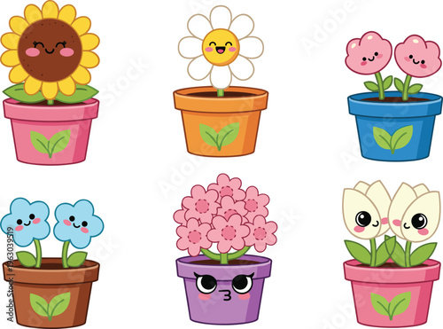 Set of six cute cartoon flower characters in colorful pots including sunflower tulip and daisy isolated on white background vector