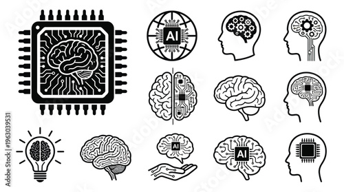 Artificial intelligence AI pictogram. Technology related to artificial intelligence, computers and systems that are intelligent, graphic of robot. Vector ai generated logo or symbol. Tech icon
