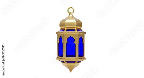 Golden Islamic Lantern with Blue Glass Panels