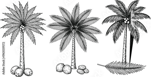 Set of three coconut palm trees line art vector illustrations isolated on white background for tropical summer and beach design