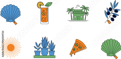 Colorful summer themed vector icon set featuring seashell fans, tropical house, citrus drink, sunburst, plants and pizza slice illustration