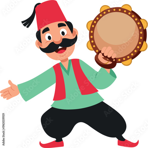 Traditional Musician Character Illustration Featuring Man in Fez Playing Tambourine Folk Style Cartoon Design