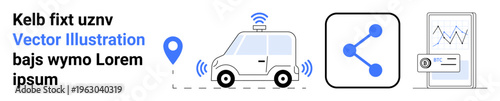 Transportation technology, data analytics, GPS navigation, communication, smart tracking, remote access. A vehicle with signals, location marker, data sharing icon and analytics diagram