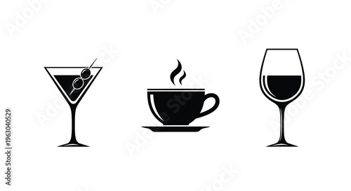 Black beverage icons depicting a martini coffee and wine glass silhouette