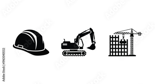 Construction equipment icons hard hat excavator and building crane silhouette