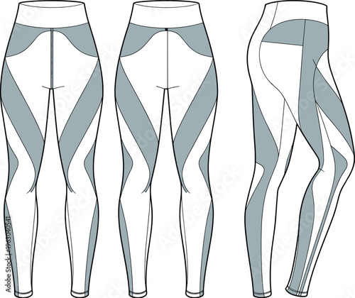 Technical Fashion Flat Drawing of Women's Athletic Leggings with Fluid Wavy Contouring Panel Inserts, a High Waistband, and Sportswear Design for Activewear Vector Template.