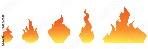 Fire icon set showing different flame sizes and intensities. Flat vector illustration for heat, danger, game assets, and burning effects