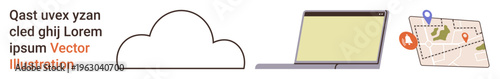 Cloud storage, technology, device usage, navigation tools, digital mapping, wireless communication. Cloud icon, laptop map with pins. Cloud storage and technology concept with device and map