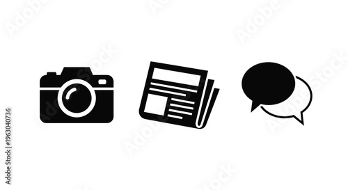 Minimalist icons of camera newspaper and speech bubble silhouette
