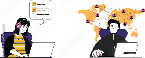 Two professionals collaborating remotely with laptops and global network connections depicted around them