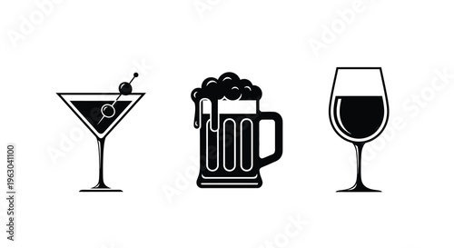 Three alcoholic beverages displayed as stark black shapes silhouette
