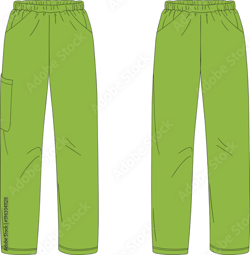 Technical Fashion Flat Drawing of Unisex Cargo Pants with an Elastic Drawstring Waist, Side Pocket, and Zippered Ankle, Ideal for Casual or Workwear Apparel Vector.