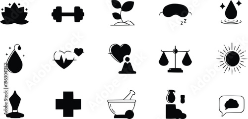 This image highlights overall well-being and lifestyle balance through various symbols related to fitness, mental well-being, care, justice, and hygiene.