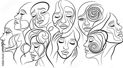 Abstract continuous line art illustration portrays a group of diverse female faces depicting various complex emotions, mental health, and psychological well-being.
