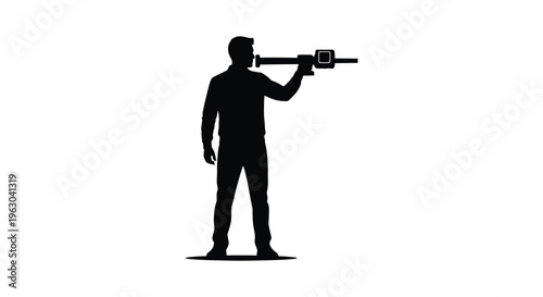 Man aiming a futuristic weapon striking black figure silhouette