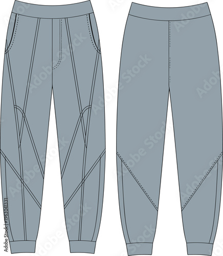 Technical Fashion Flat Drawing of Athletic Jogger Pants with Curved Geometric Seams, a Ribbed Elastic Cuff, and Drawstring Waist for Sportswear Design Vector Template.