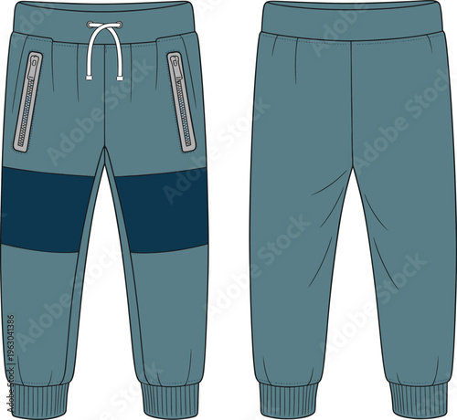 Technical Fashion Flat Drawing of Kids or Unisex Jogger Pants with a Color Block Knee Panel, Zipper Pockets, Drawstring Waist, and Ribbed Cuffs Vector.