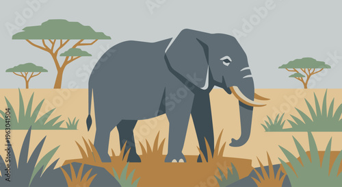 A clean, flat vector illustration of an African elephant standing amongst tropical savanna grass. Use a palette of slate grey, sage green, and earthy ochre. Solid colors, no gradients, bold geometric 