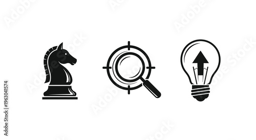 Chess horse target and lightbulb icons in a dark silhouette