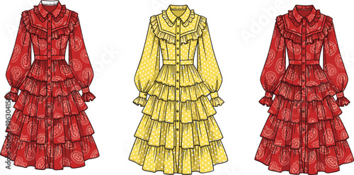 Elegant ruffle women dresses vector collection featuring long sleeve layered garments with vintage patterns in stylish fashion illustration set