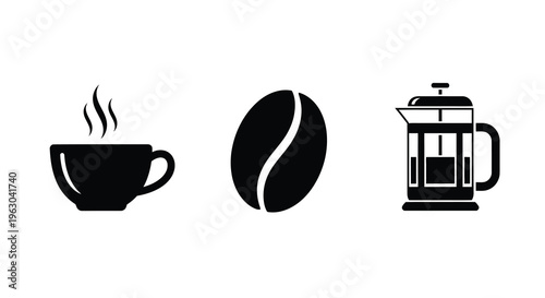 Coffee cup bean and french press icons in black silhouette