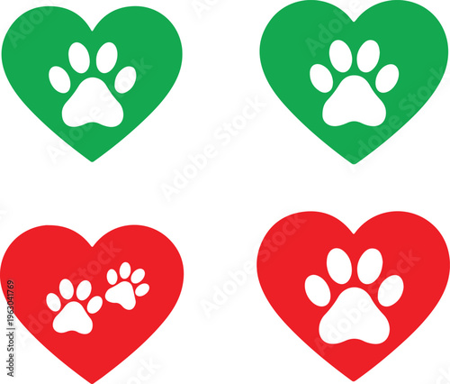 Colorful heart shaped paw print icons isolated on white background