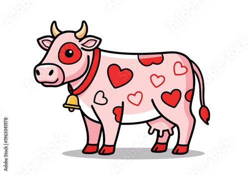 Cute pink cow with red heart pattern, vector illustration for Valentine's Day. Adorable farm animal with bell and horns