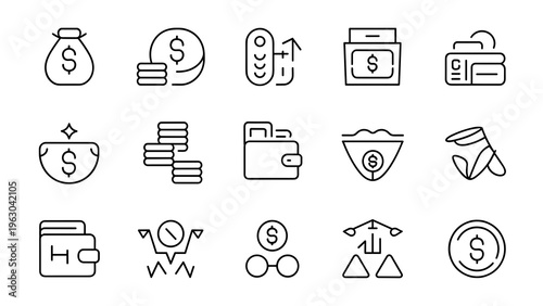 Financial Icons Collection Wallet Cash Piggy Bank Growth Thin Line Vector Set