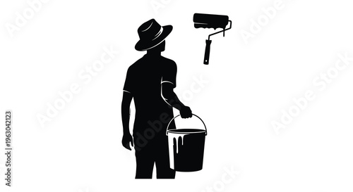 Painter with bucket and roller a striking black silhouette