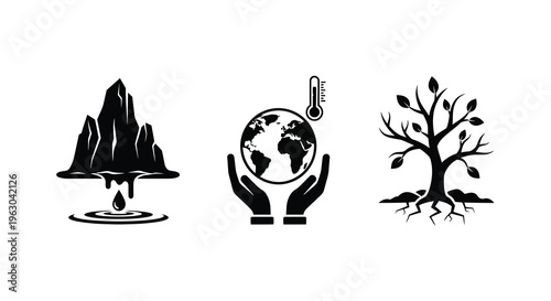 Global warming concept with mountain earth and tree silhouette